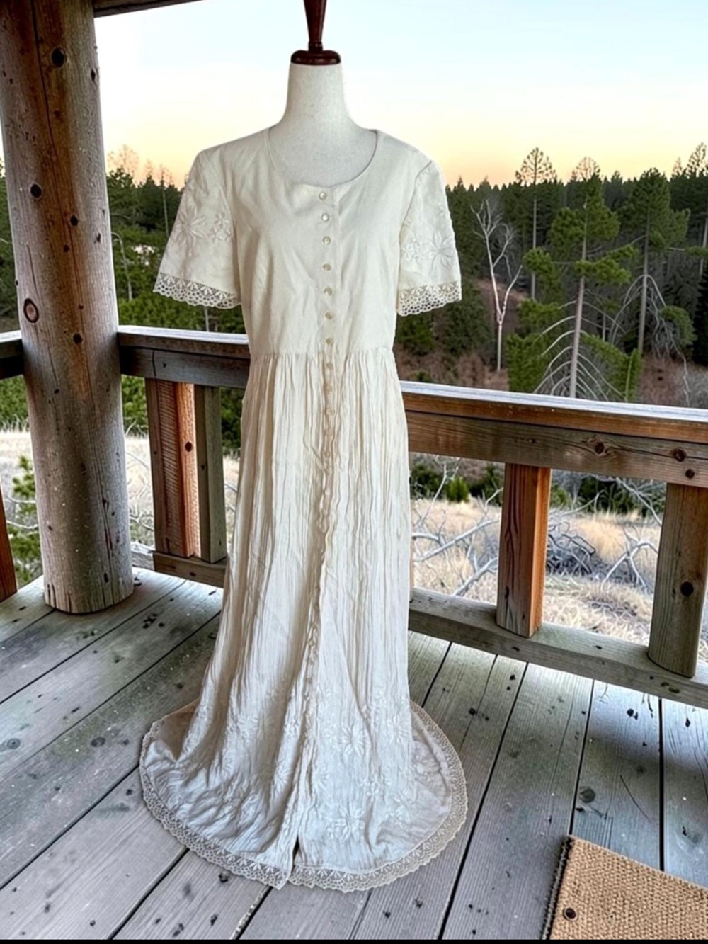Double D Ranch Cream Button-Front Lace-Trim embroidered maxi dress wedding boho